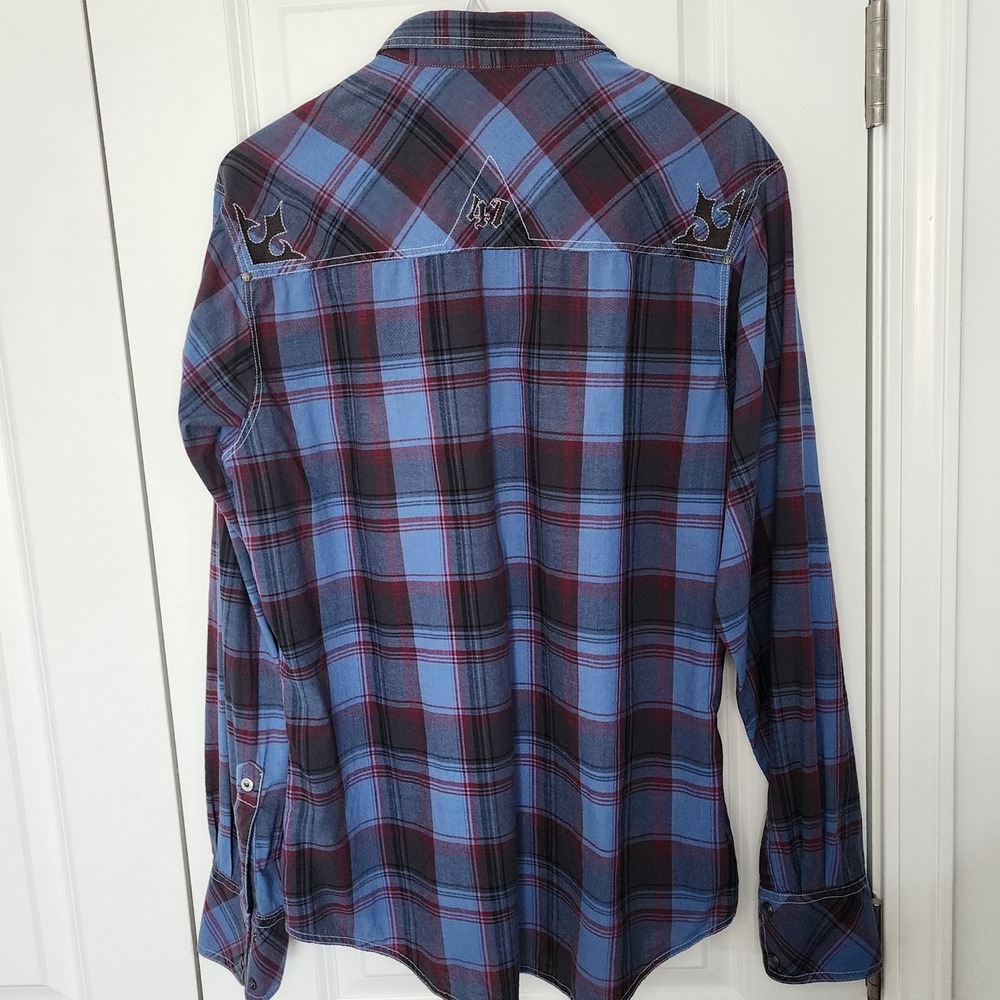 Rock 47 by Wrangler Plaid Western Shirt Mens Medium Blue Maroon Embroidered - Picture 2 of 5